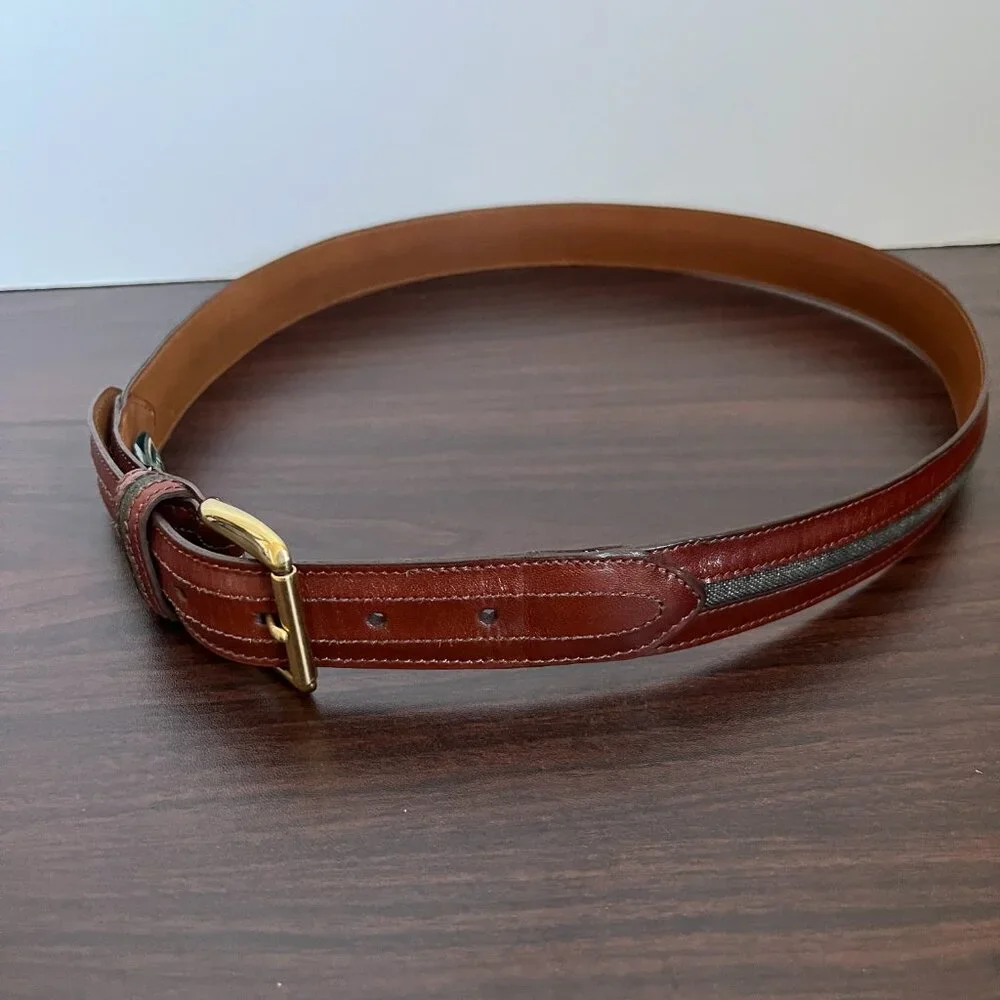 Cole Haan Men’s Brown Grey Leather Brass Buckle Belt Quiet Luxury Sz 36/90